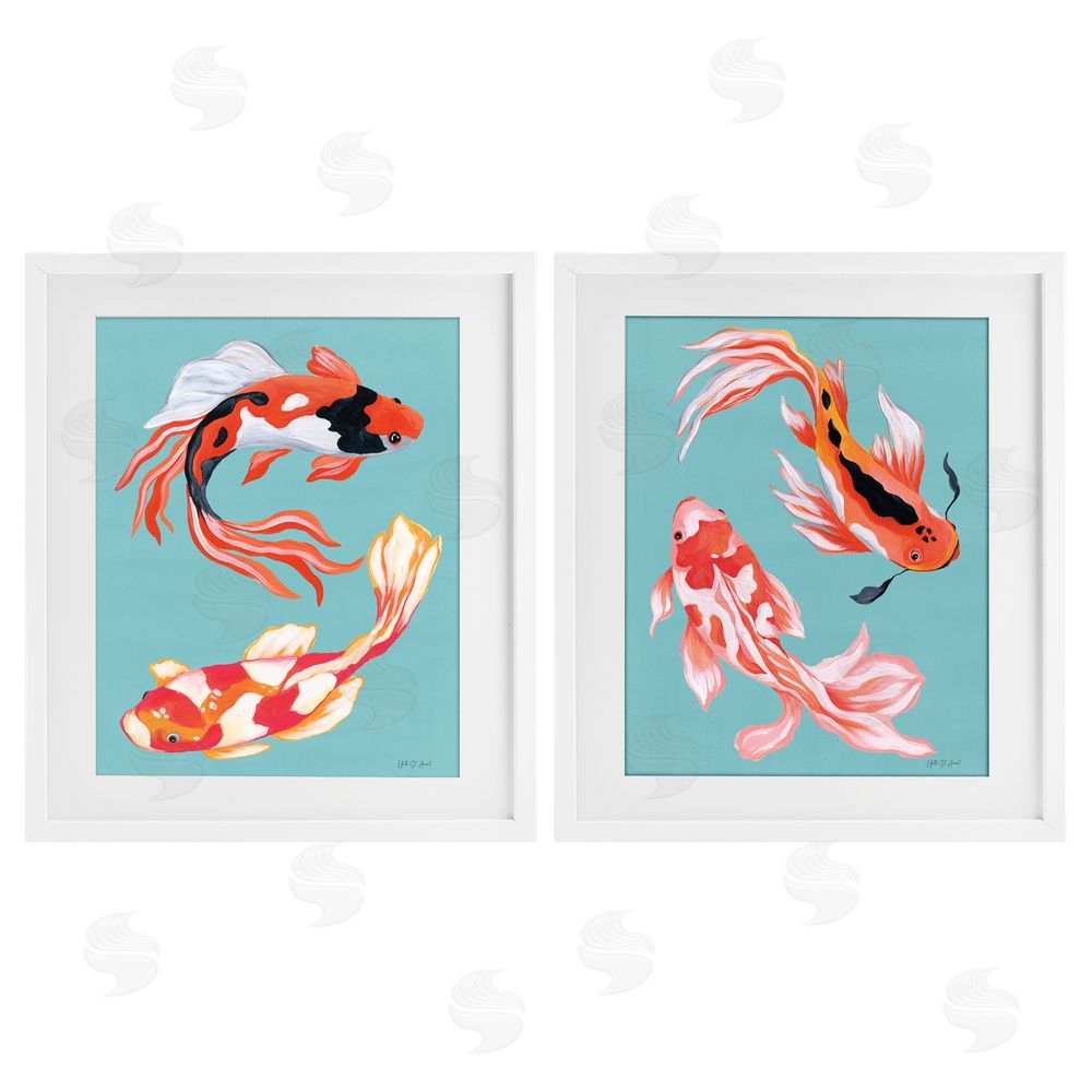 Yvette St. Amant Colorful Twin Koi White Framed Print Under Glass Wall Art
