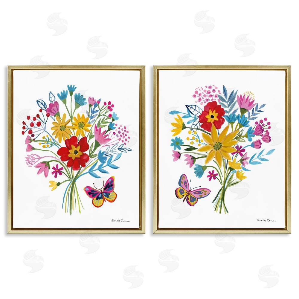 Farida Zaman Butterfly Bouquets of Spring Sprigs Gold Floating Frame Canvas Wall Art Print
