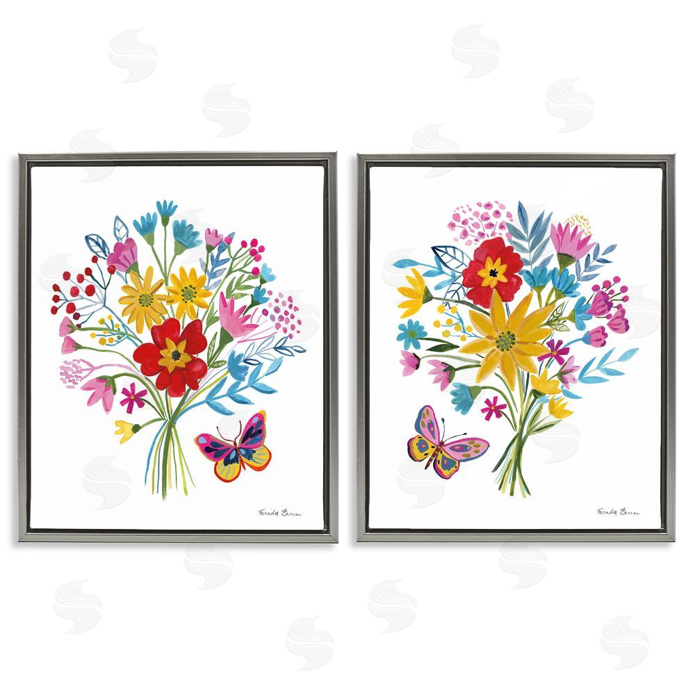 Farida Zaman Butterfly Bouquets of Spring Sprigs Gray Floating Frame Canvas Wall Art Print