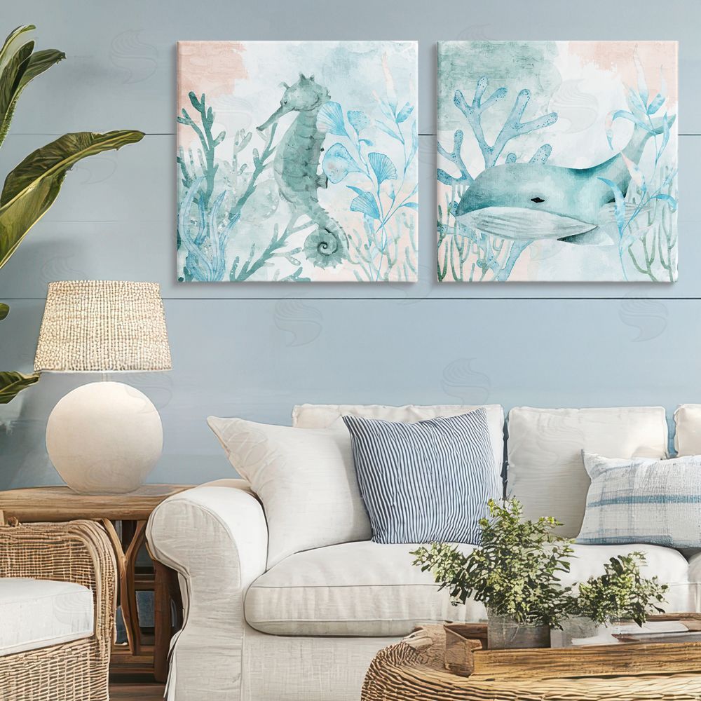 Kim Allen Whale & Seahorse Sea Swim Stretched Cavas Wall Art Set in Room