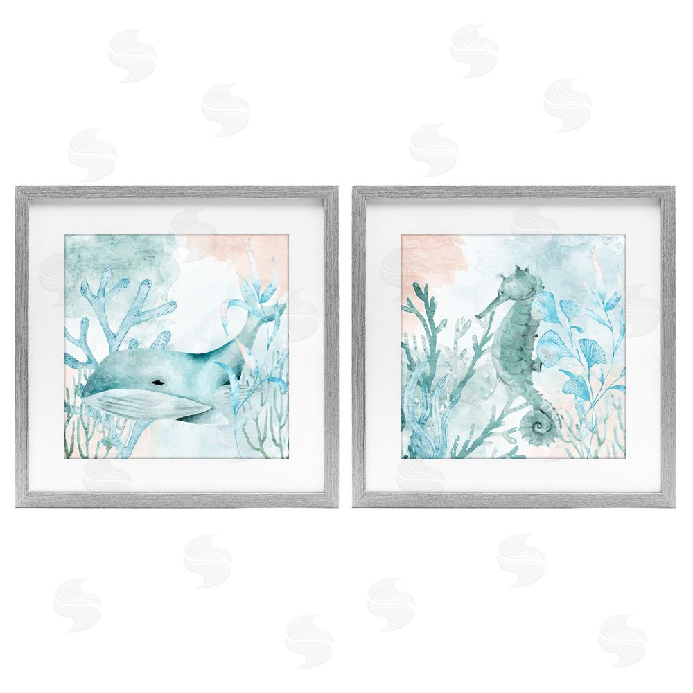 Kim Allen Whale & Seahorse Sea Swim Gray Framed Print Under Glass Wall Art