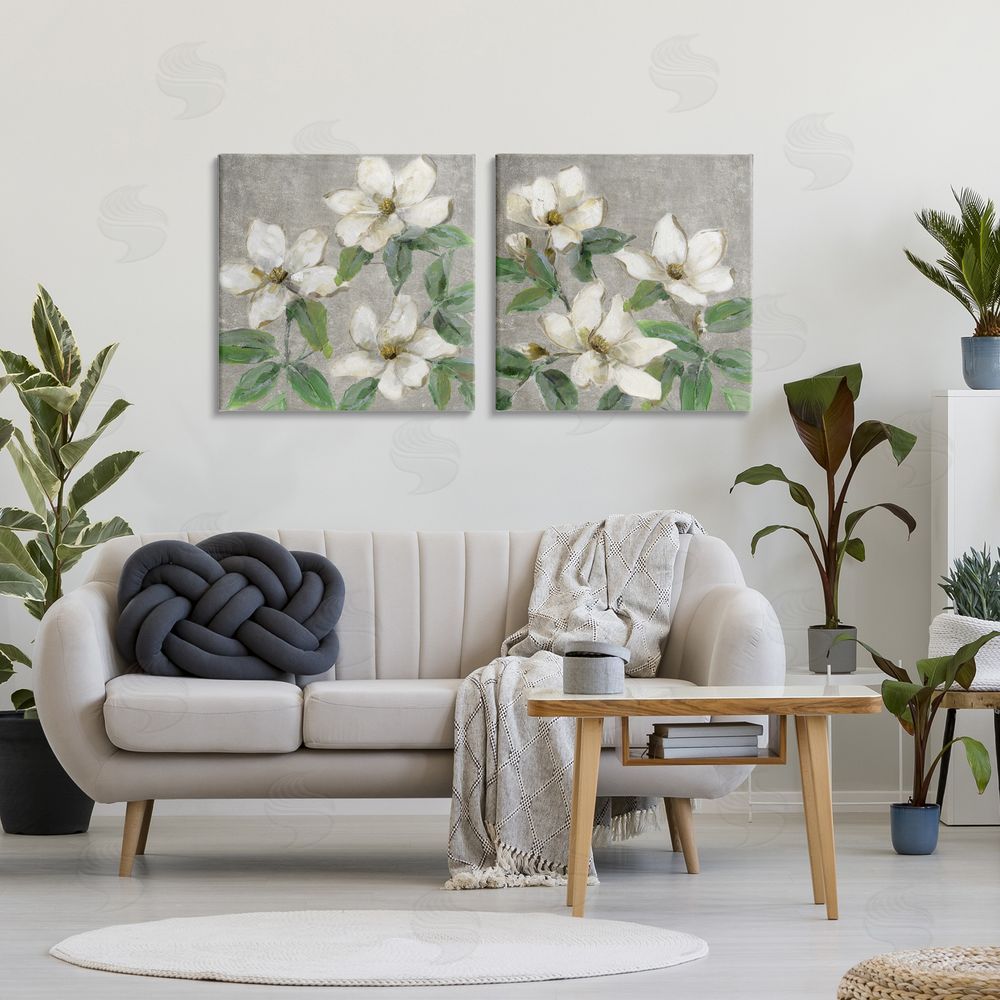 Sally Swatland Blooming Ivory Magnolias Stretched Cavas Wall Art Set in Room
