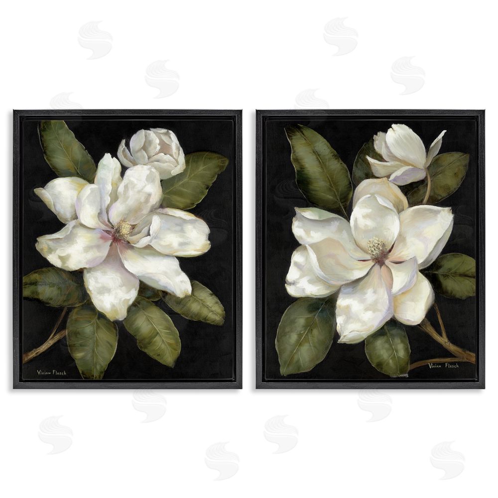 Nan Magnolia Buds & Blooms Black Floating Frame Canvas Wall Art Print