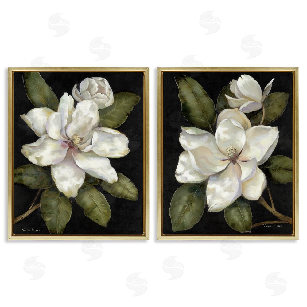 Nan Magnolia Buds & Blooms Gold Floating Frame Canvas Wall Art Print