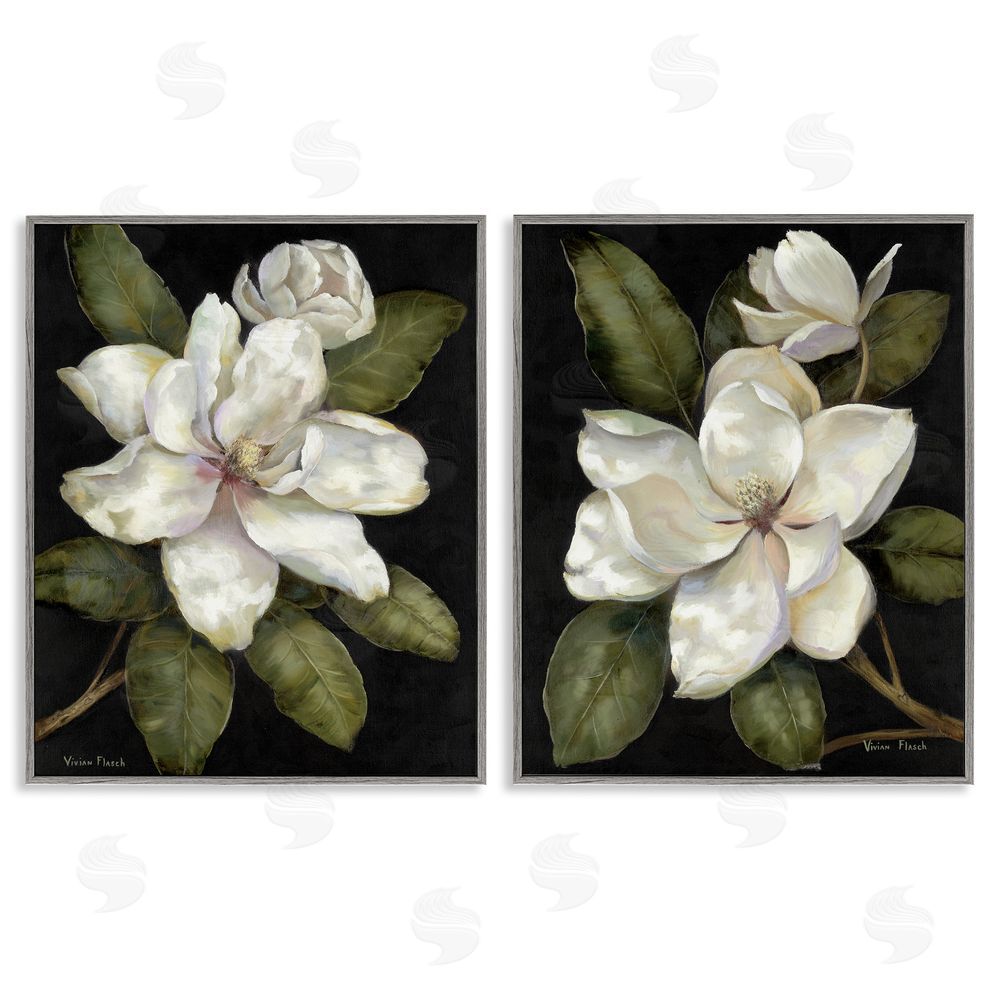 Nan Magnolia Buds & Blooms Gray Framed Giclee Wall Art Print