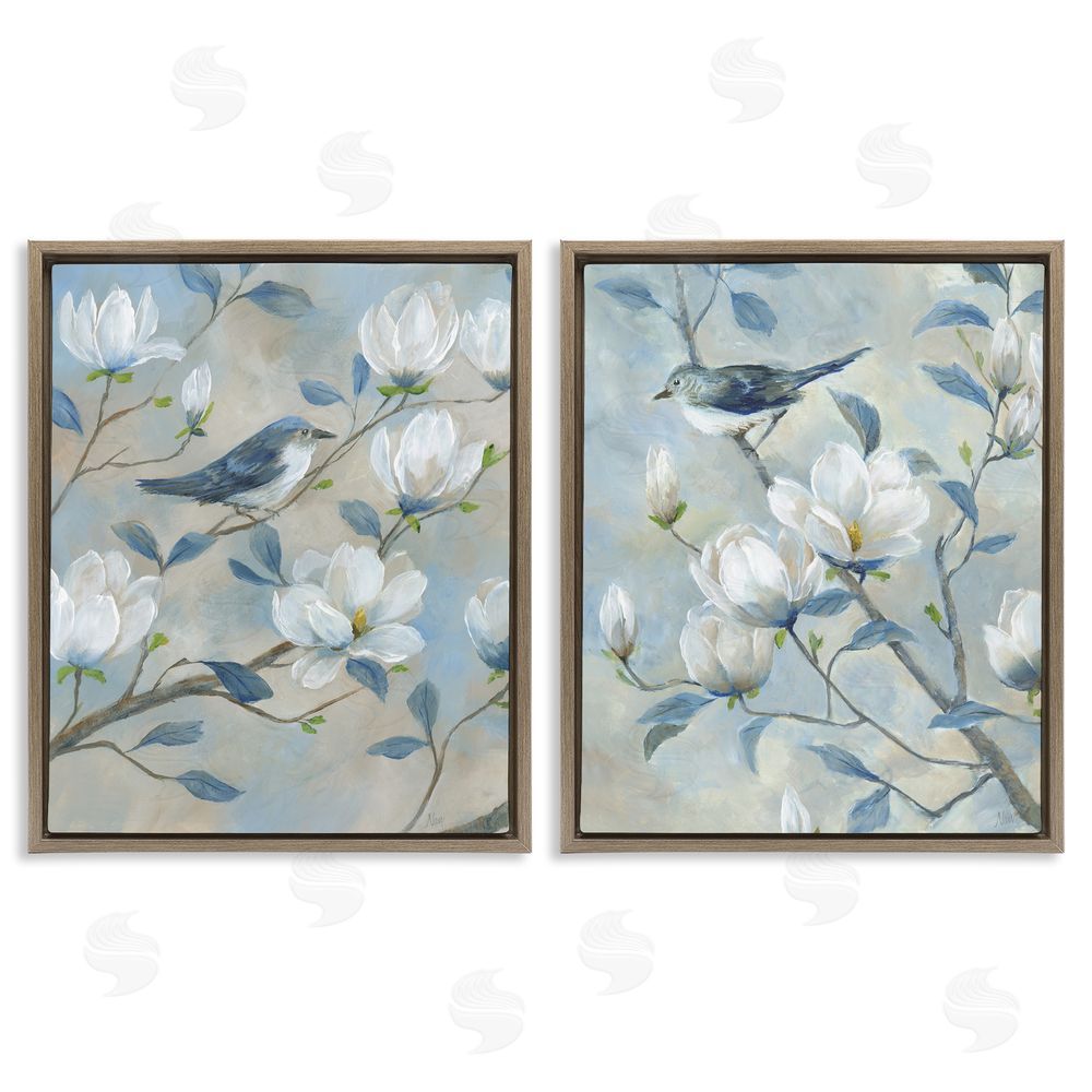 Nan Blue Birds in Magnolia Tree Brown Floating Frame Canvas Wall Art Print