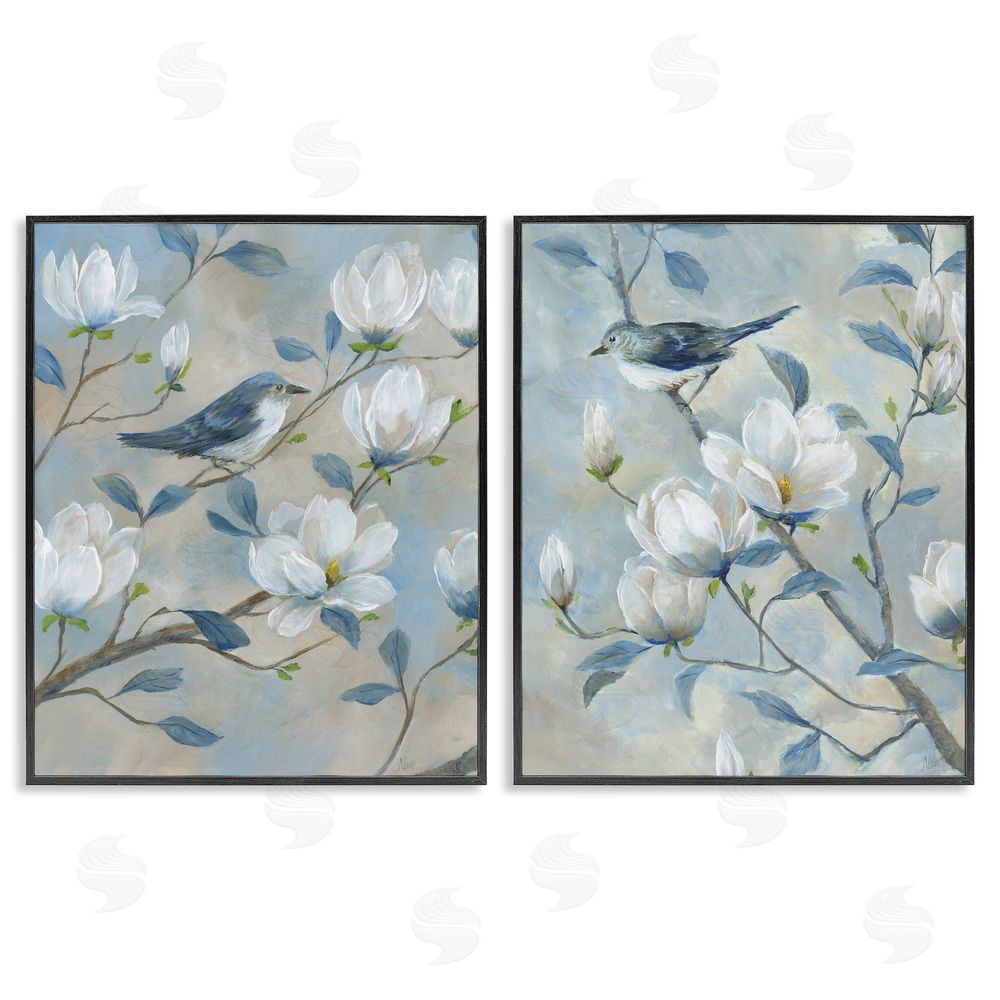 Nan Blue Birds in Magnolia Tree Black Framed Giclee Wall Art Print