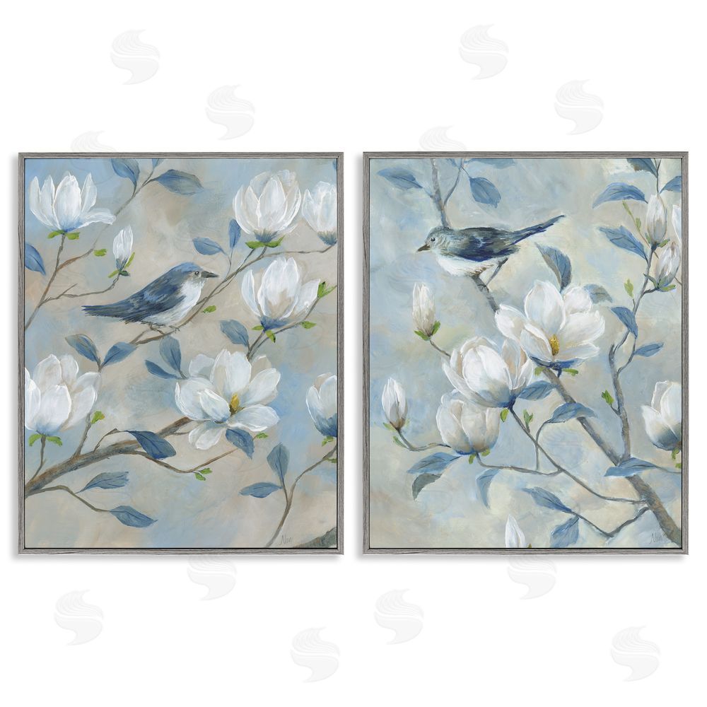 Nan Blue Birds in Magnolia Tree Gray Framed Giclee Wall Art Print
