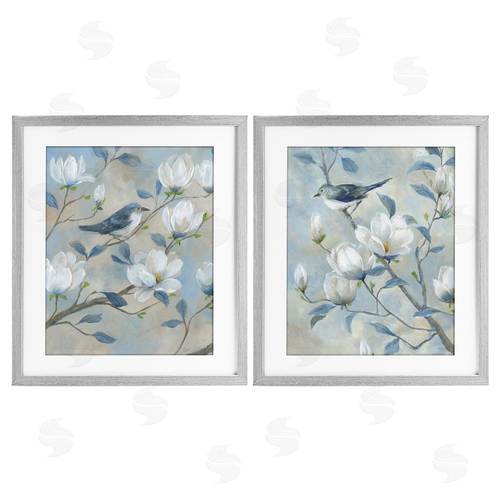 Nan Blue Birds in Magnolia Tree Gray Framed Print Under Glass Wall Art