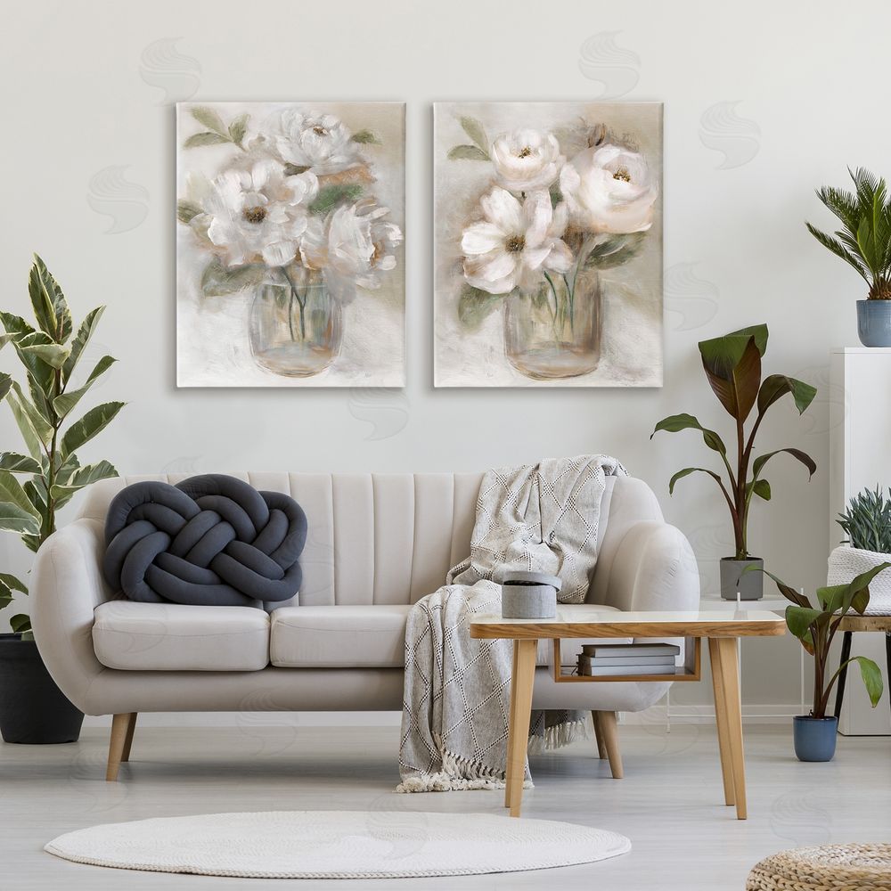 Nan Brushed White & Beige Roses Stretched Cavas Wall Art Set in Room