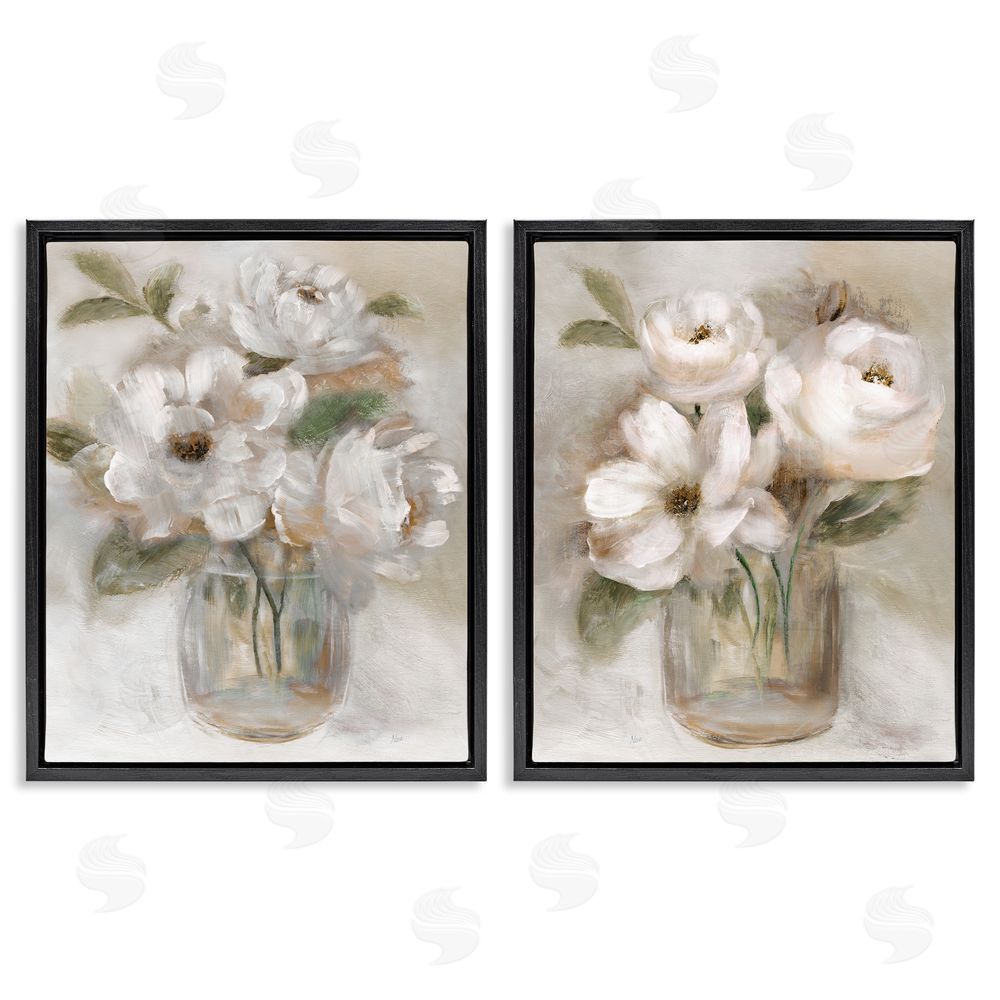 Nan Brushed White & Beige Roses Black Floating Frame Canvas Wall Art Print
