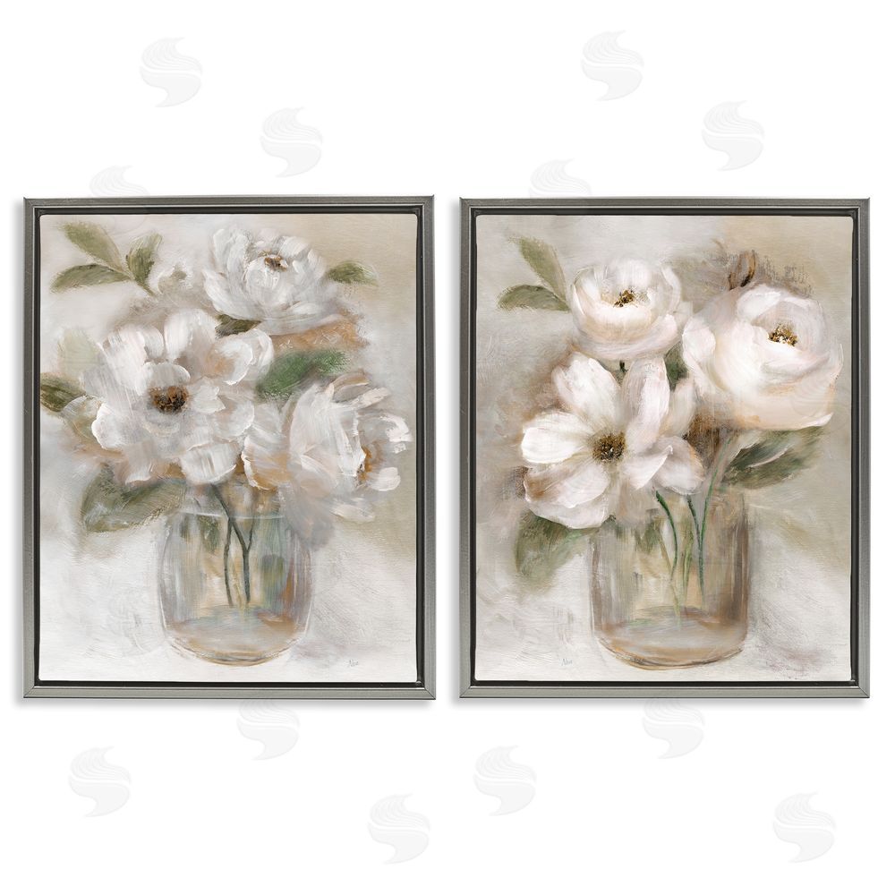Nan Brushed White & Beige Roses Gray Floating Frame Canvas Wall Art Print