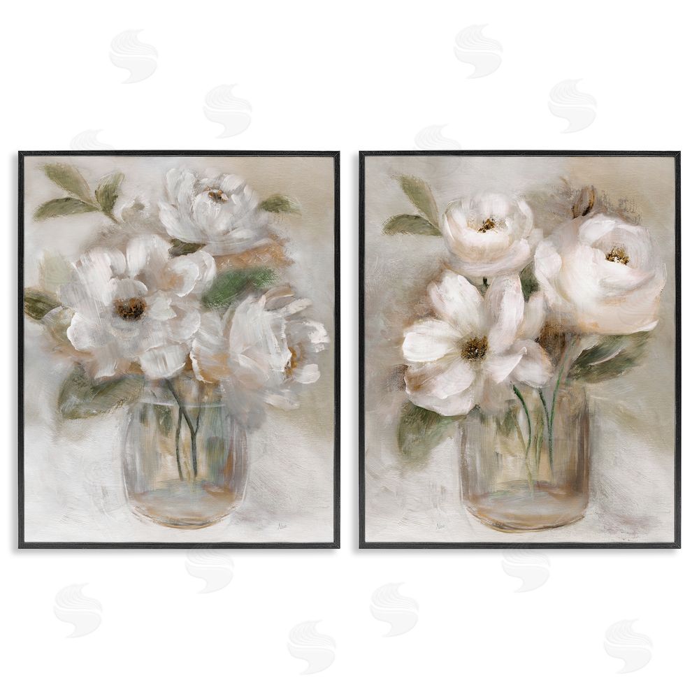 Nan Brushed White & Beige Roses Black Framed Giclee Wall Art Print