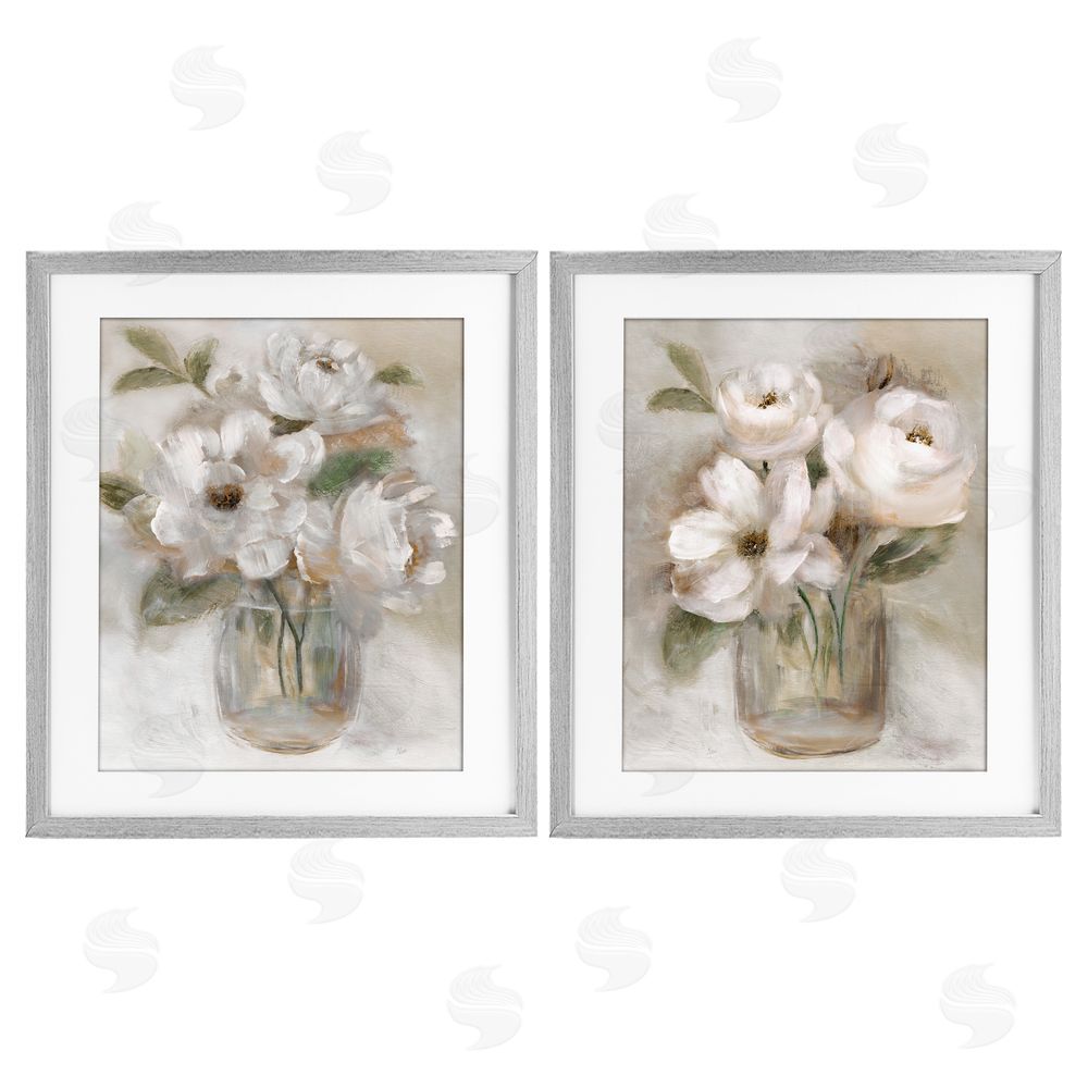 Nan Brushed White & Beige Roses Gray Framed Print Under Glass Wall Art