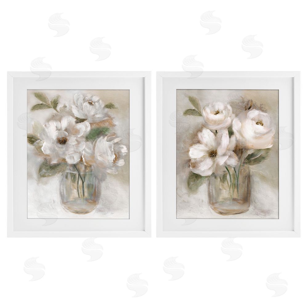 Nan Brushed White & Beige Roses White Framed Print Under Glass Wall Art