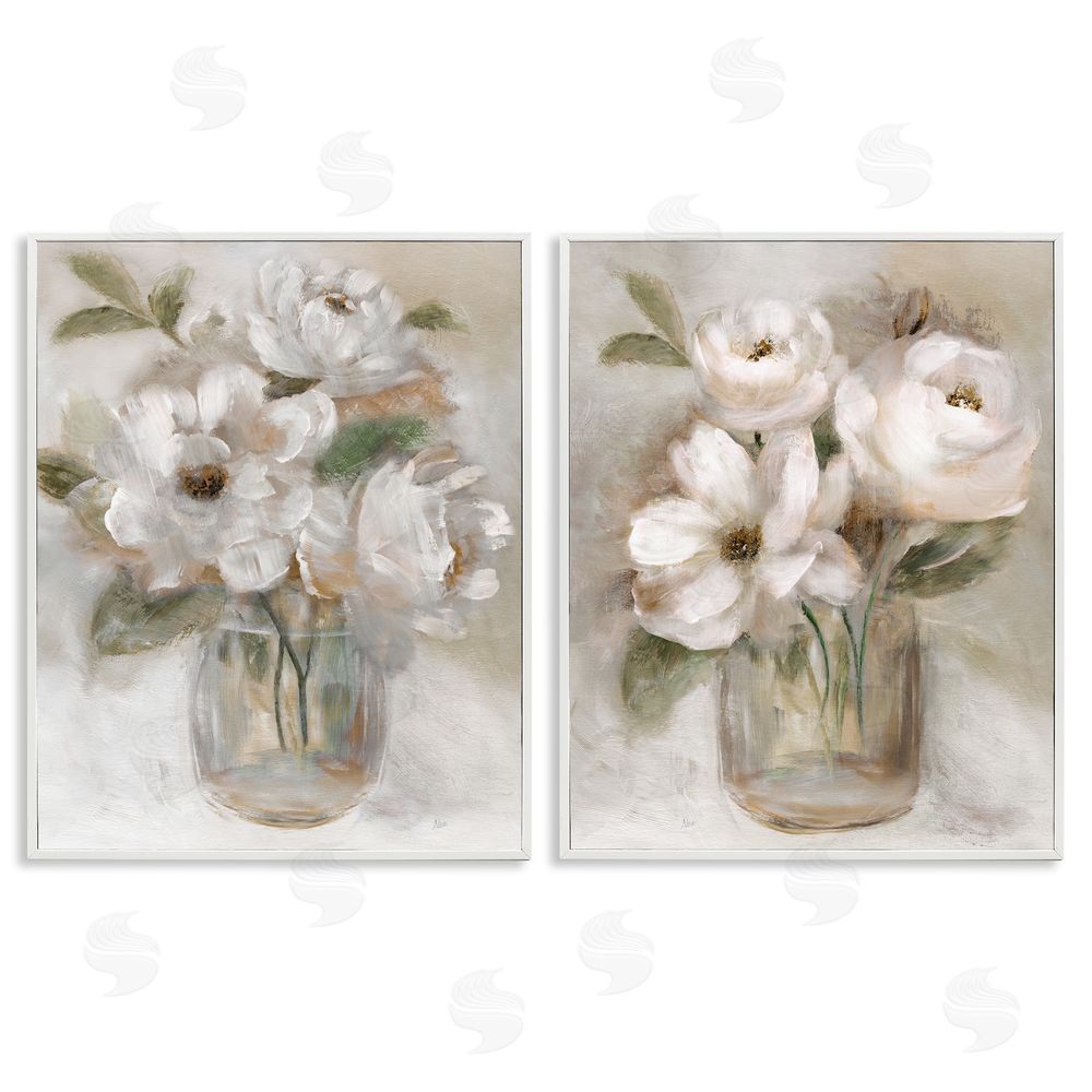 Nan Brushed White & Beige Roses White Framed Giclee Wall Art Print