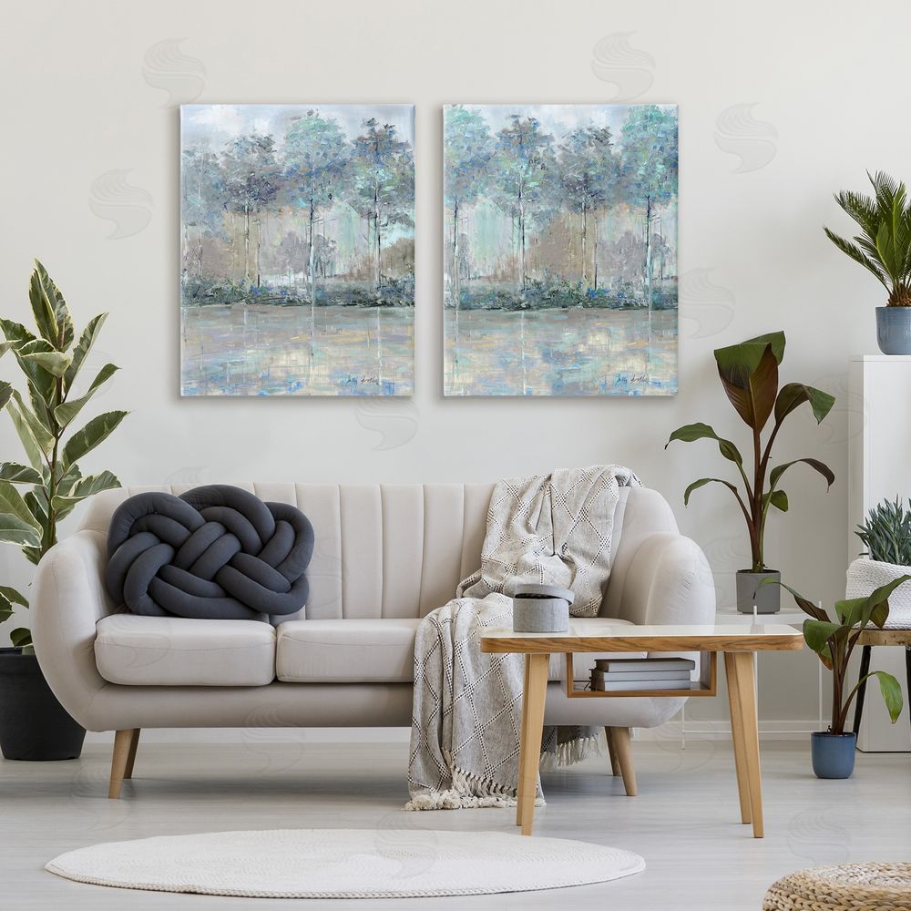 Sally Swatland Subdued Tree Landscape Impression Stretched Cavas Wall Art Set in Room