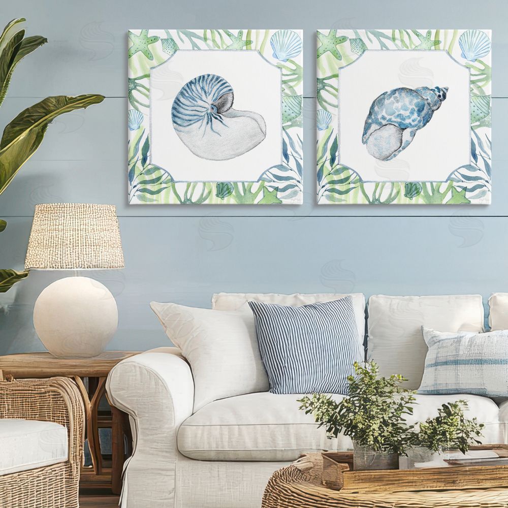 Janet Tava Seaweed Bordered Seashells Stretched Cavas Wall Art Set in Room