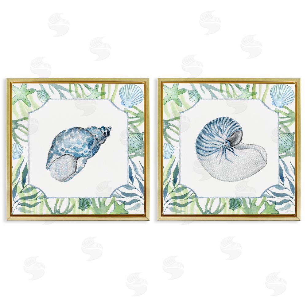 Janet Tava Seaweed Bordered Seashells Gold Floating Frame Canvas Wall Art Print
