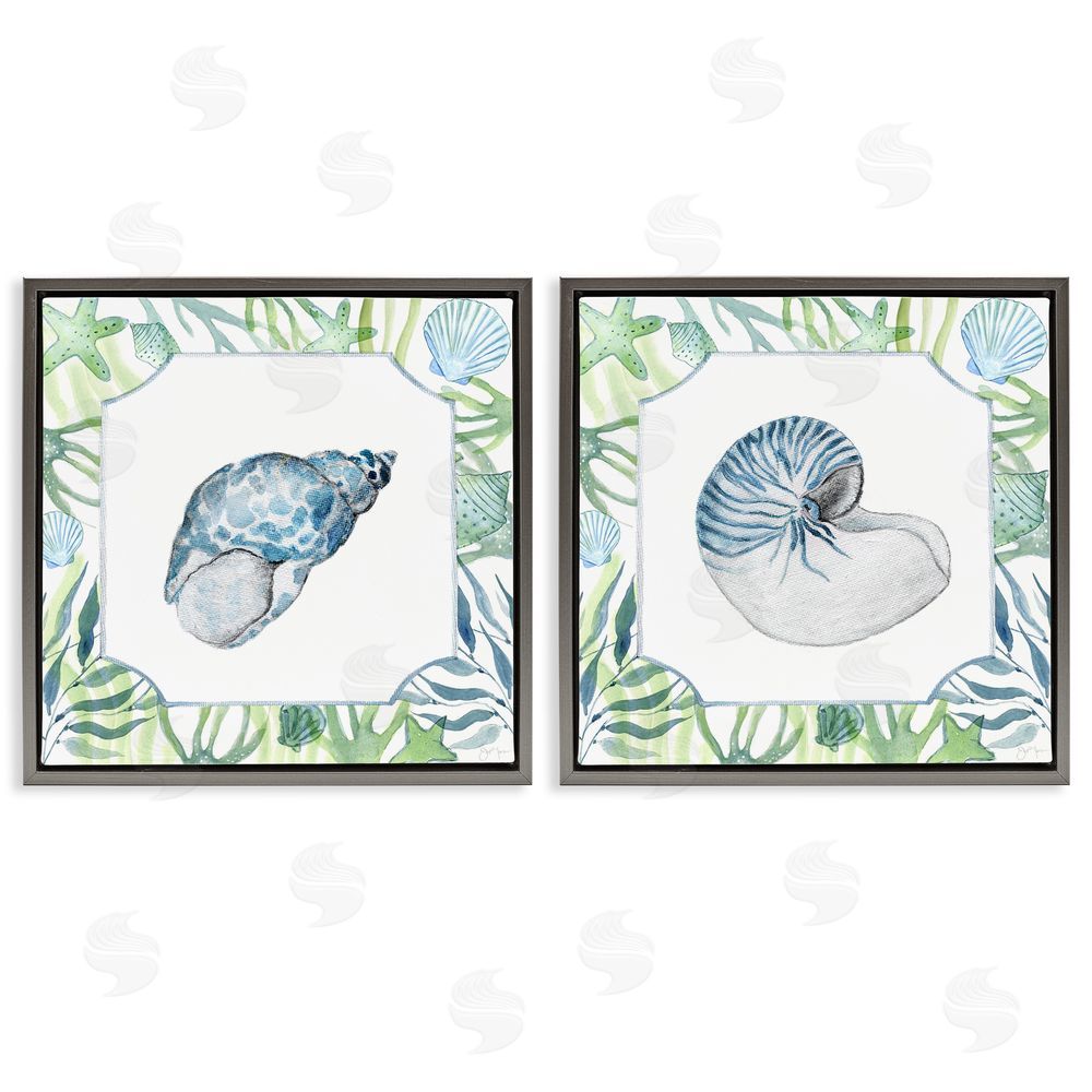 Janet Tava Seaweed Bordered Seashells Gray Floating Frame Canvas Wall Art Print