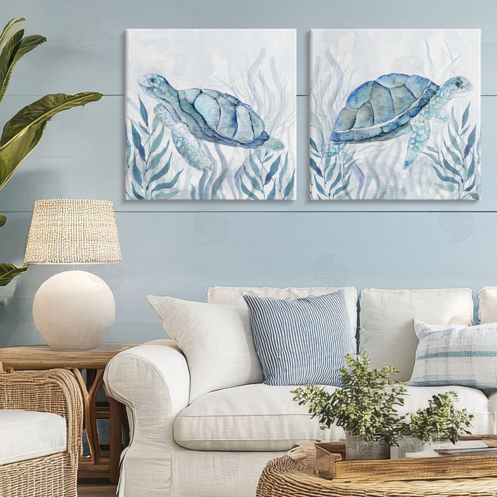 Janet Tava Subtle Smiling Sea Turtles Stretched Cavas Wall Art Set in Room
