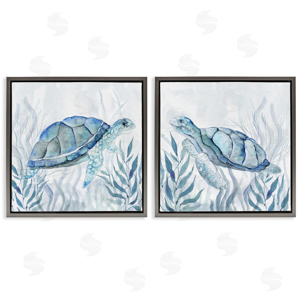Janet Tava Subtle Smiling Sea Turtles Gray Floating Frame Canvas Wall Art Print