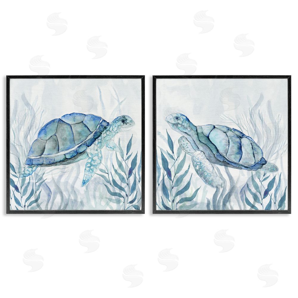 Janet Tava Subtle Smiling Sea Turtles Black Framed Giclee Wall Art Print