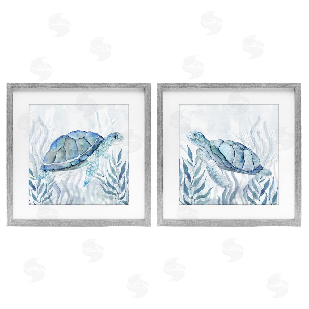 Janet Tava Subtle Smiling Sea Turtles Gray Framed Print Under Glass Wall Art