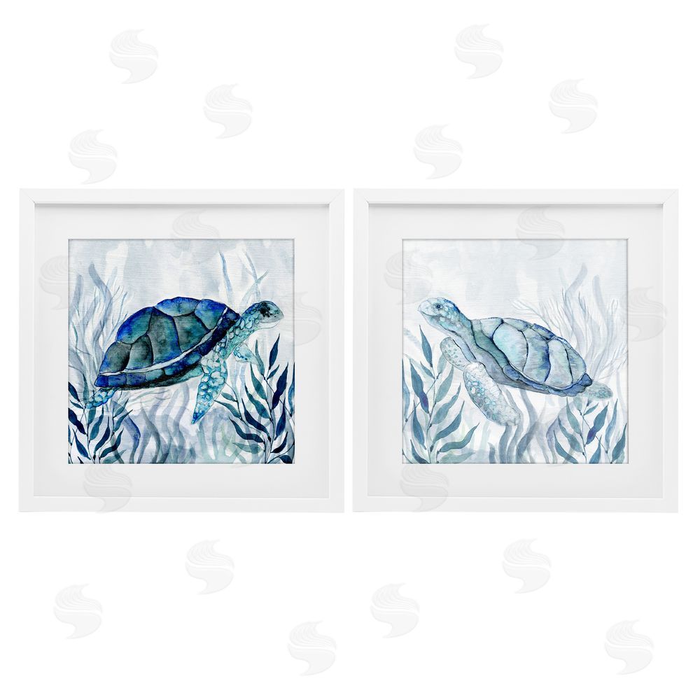 Janet Tava Subtle Smiling Sea Turtles White Framed Print Under Glass Wall Art