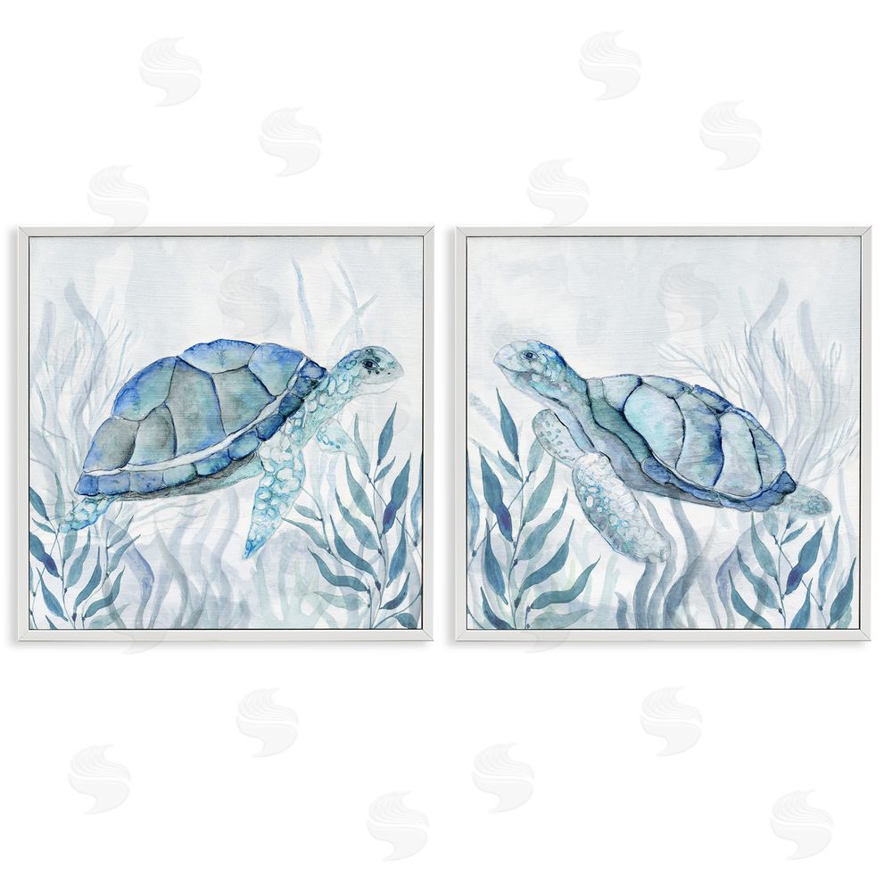 Janet Tava Subtle Smiling Sea Turtles White Framed Giclee Wall Art Print