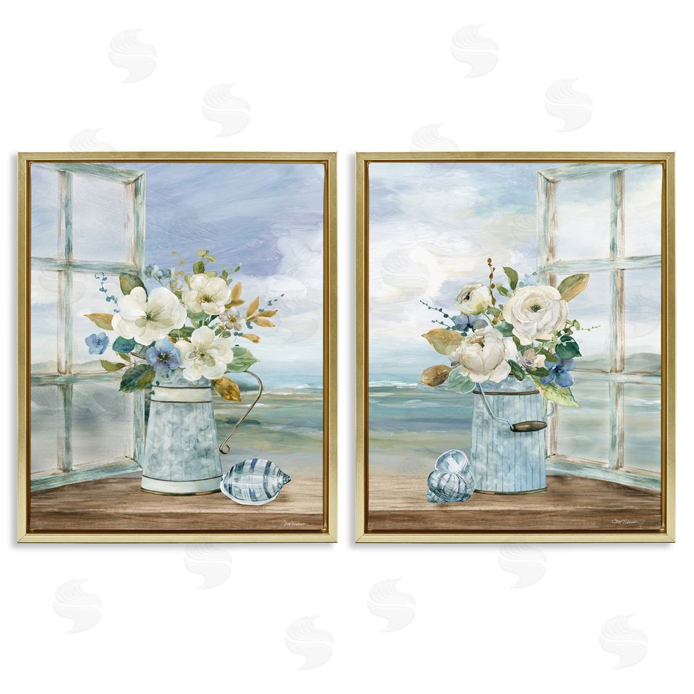 Carol Robinson Seaside Bouquets in Window Gold Floating Frame Canvas Wall Art Print