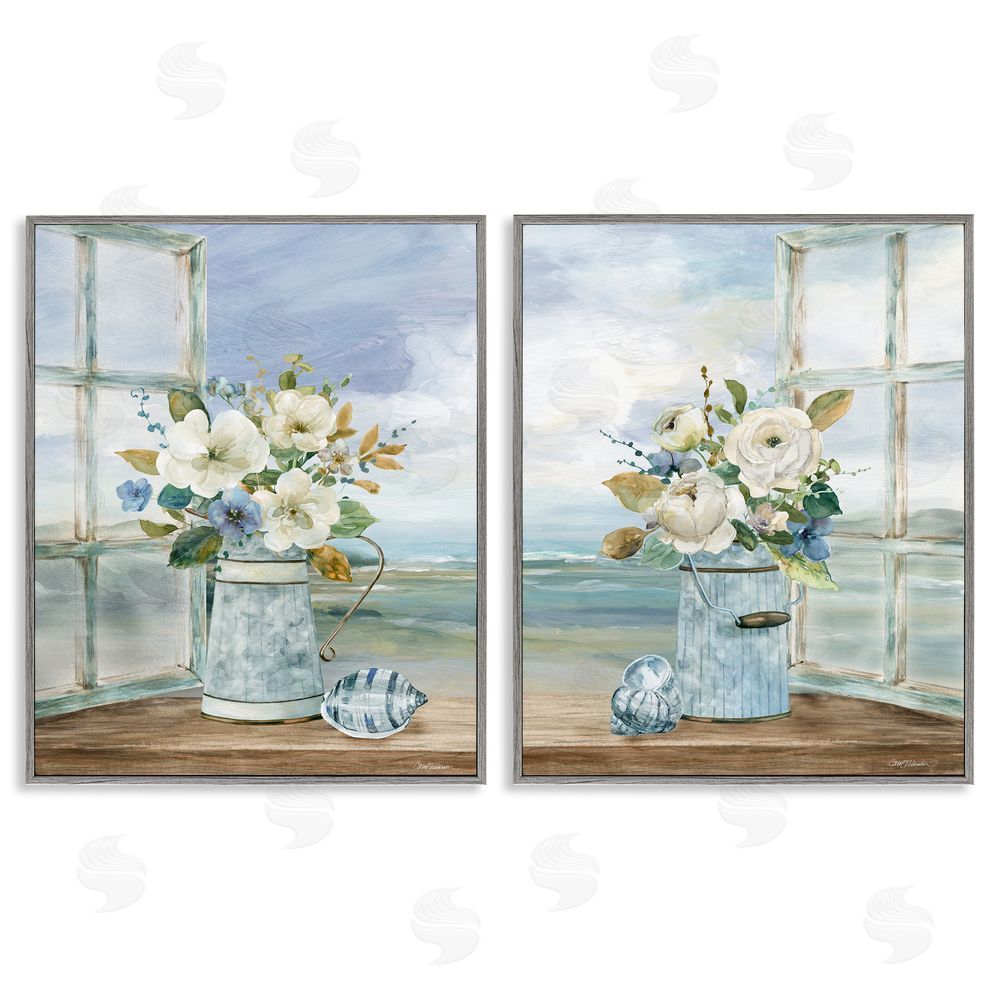 Carol Robinson Seaside Bouquets in Window Gray Framed Giclee Wall Art Print