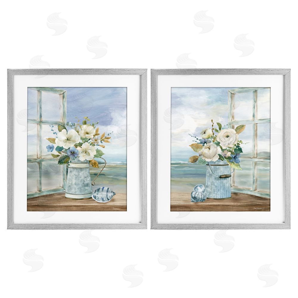 Carol Robinson Seaside Bouquets in Window Gray Framed Print Under Glass Wall Art