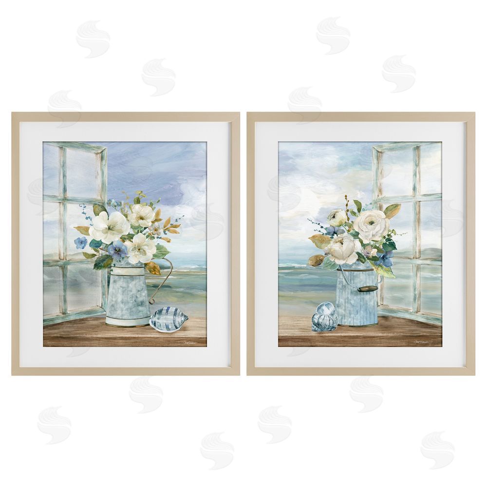 Carol Robinson Seaside Bouquets in Window Brown Framed Print Under Glass Wall Art