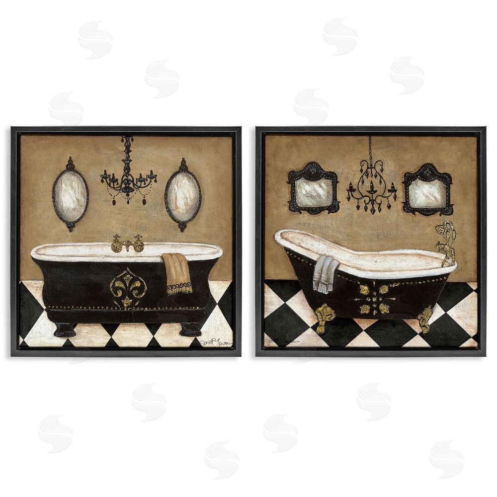 Janet Tava Elegant Bathroom with Chandeliers Black Floating Frame Canvas Wall Art Print