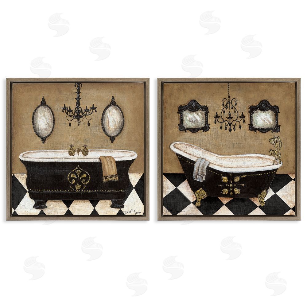 Janet Tava Elegant Bathroom with Chandeliers Brown Floating Frame Canvas Wall Art Print