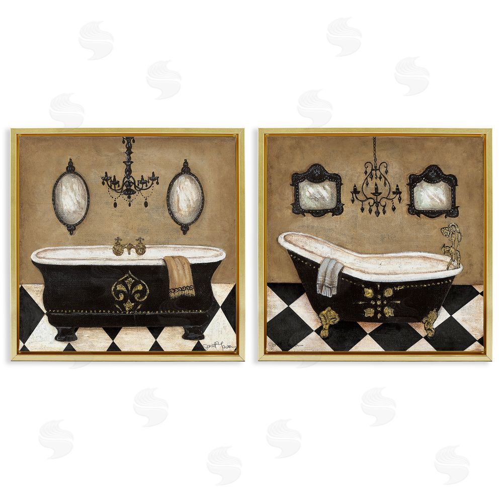 Janet Tava Elegant Bathroom with Chandeliers Gold Floating Frame Canvas Wall Art Print