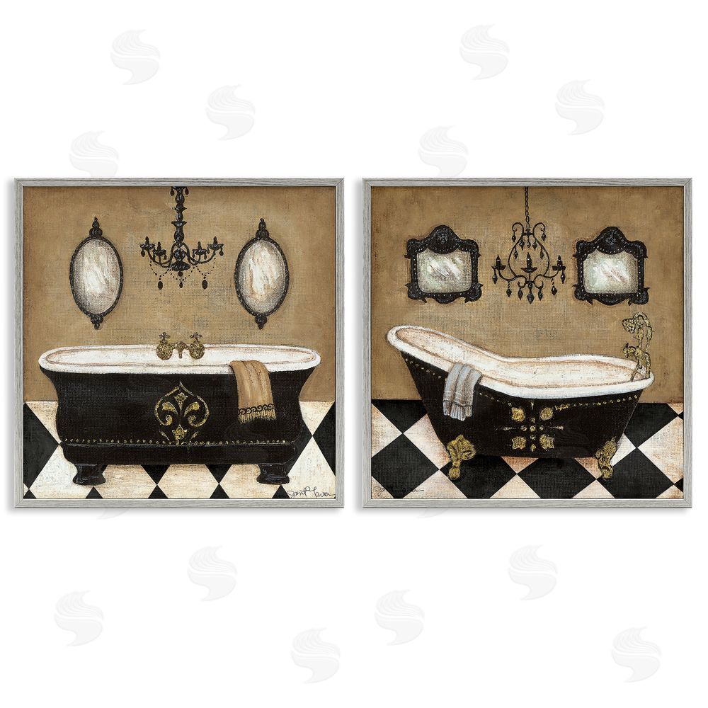 Janet Tava Elegant Bathroom with Chandeliers Gray Framed Giclee Wall Art Print