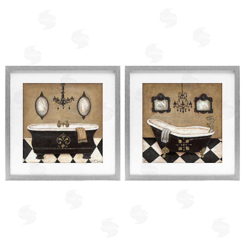 Janet Tava Elegant Bathroom with Chandeliers Gray Framed Print Under Glass Wall Art