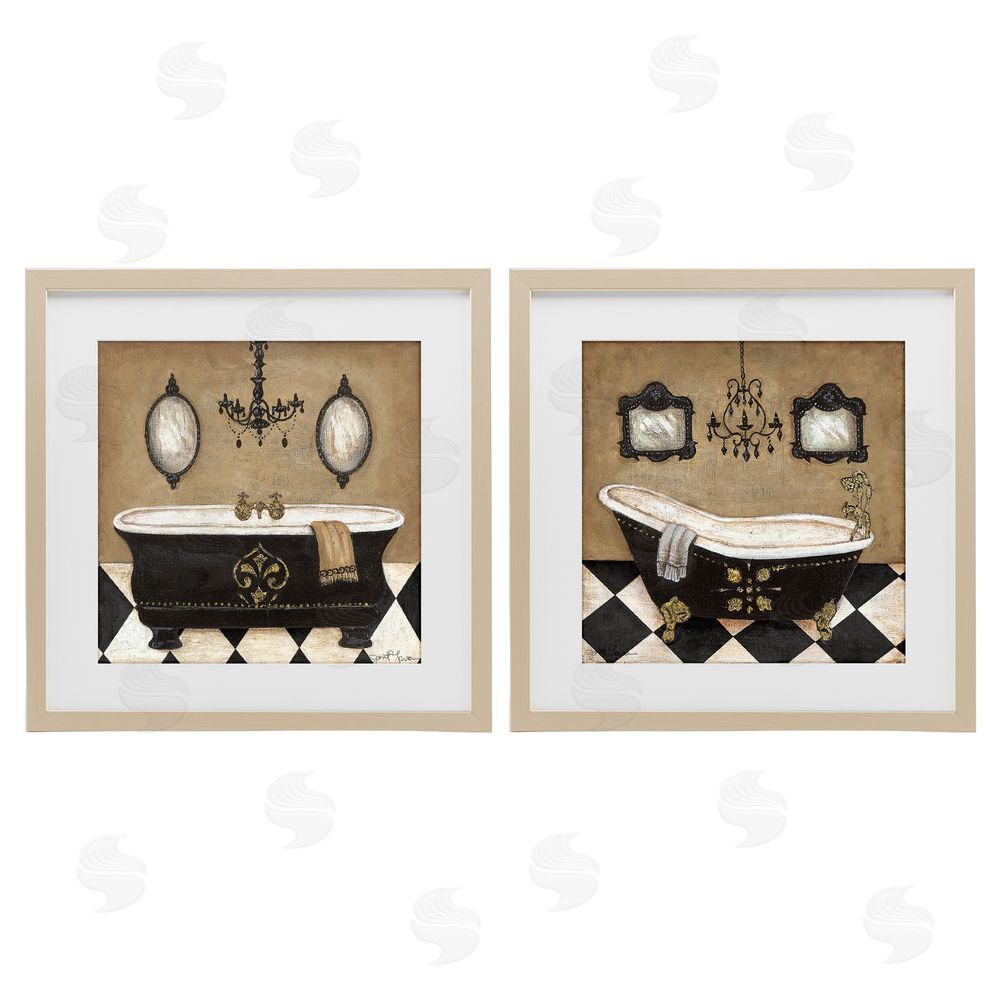 Janet Tava Elegant Bathroom with Chandeliers Brown Framed Print Under Glass Wall Art