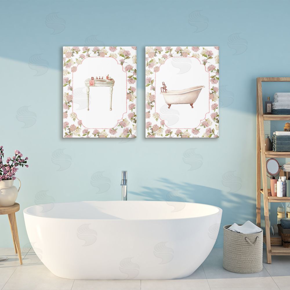 Carol Robinson Elegant Hydrangeas Bathroom Stretched Cavas Wall Art Set in Room