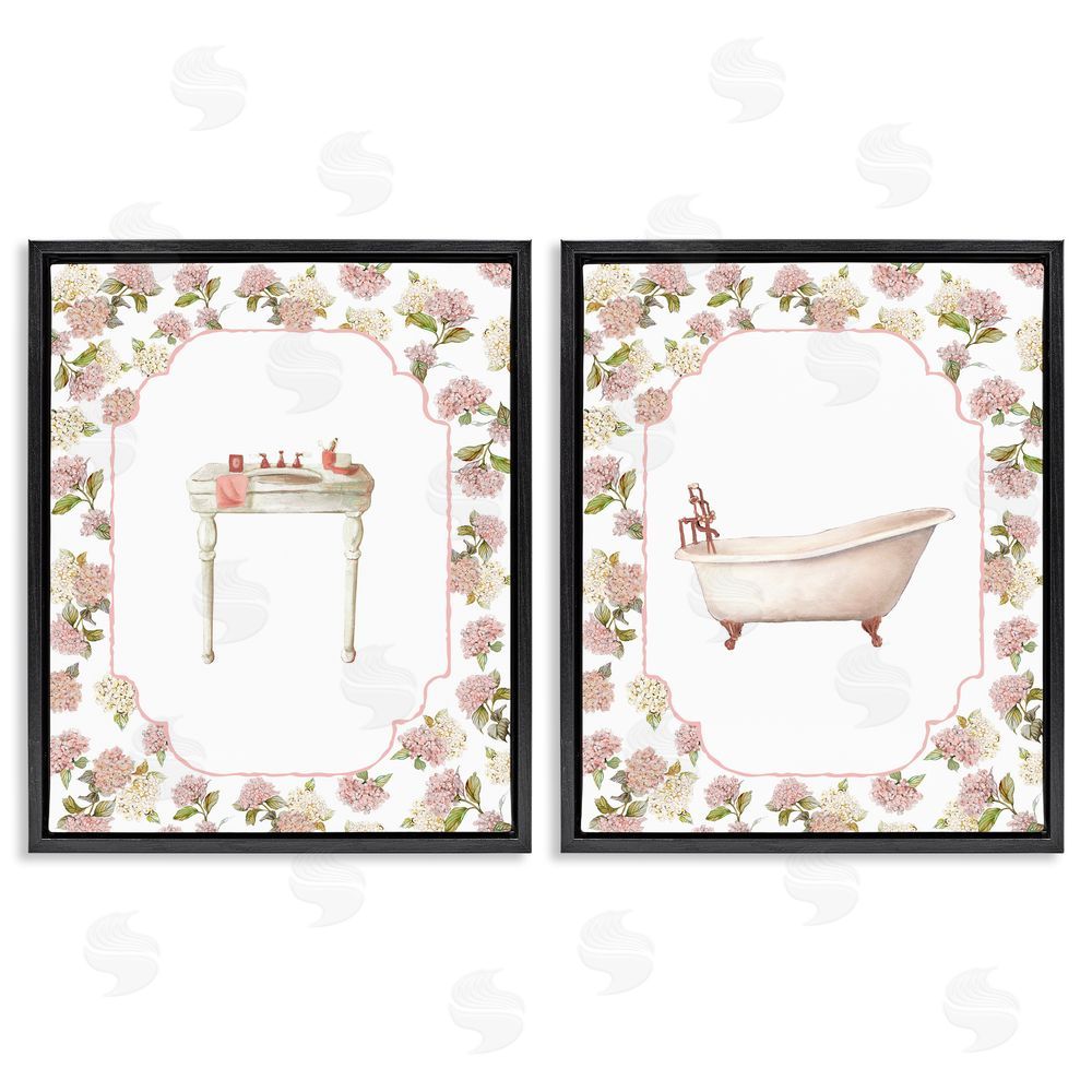Carol Robinson Elegant Hydrangeas Bathroom Black Floating Frame Canvas Wall Art Print