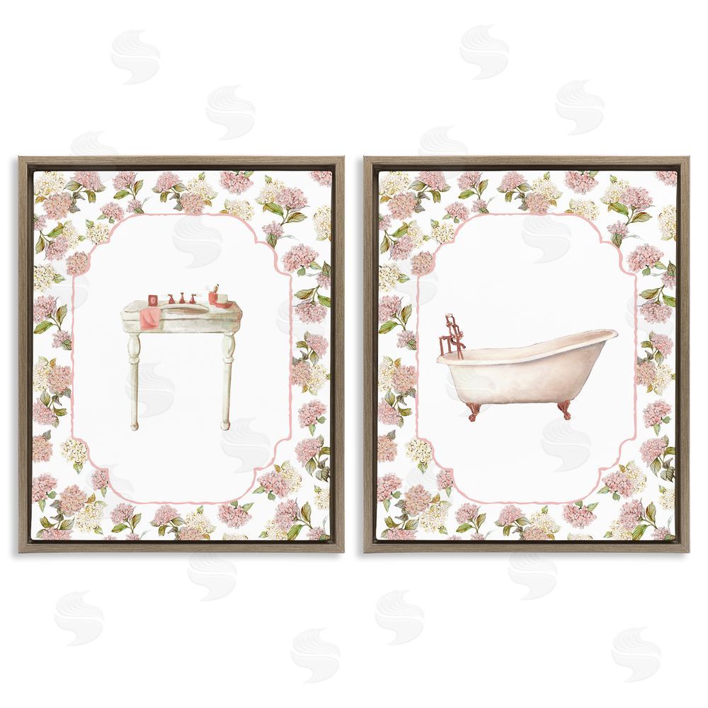 Carol Robinson Elegant Hydrangeas Bathroom Brown Floating Frame Canvas Wall Art Print