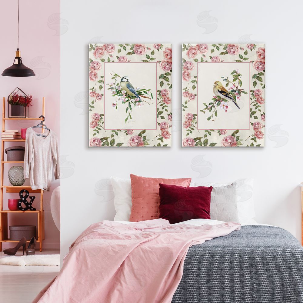 Sally Swatland Dainty Roses & Birds Stretched Cavas Wall Art Set in Room