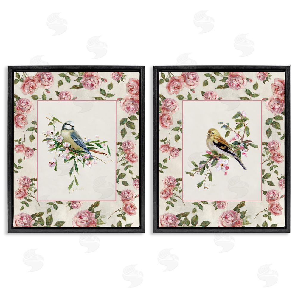 Sally Swatland Dainty Roses & Birds Black Floating Frame Canvas Wall Art Print