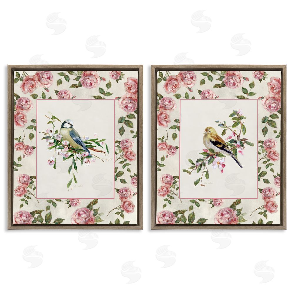 Sally Swatland Dainty Roses & Birds Brown Floating Frame Canvas Wall Art Print