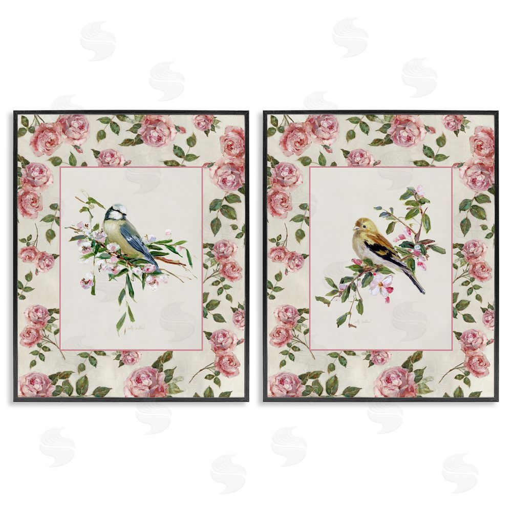 Sally Swatland Dainty Roses & Birds Black Framed Giclee Wall Art Print