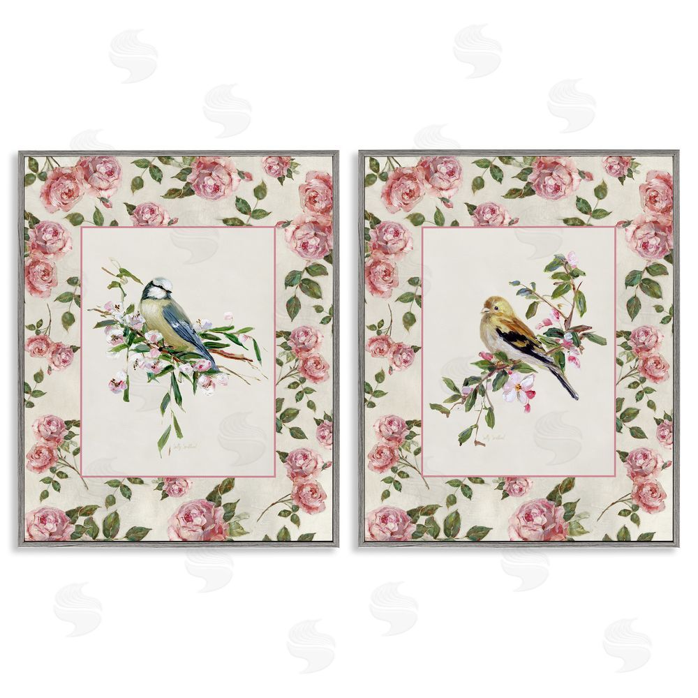 Sally Swatland Dainty Roses & Birds Gray Framed Giclee Wall Art Print