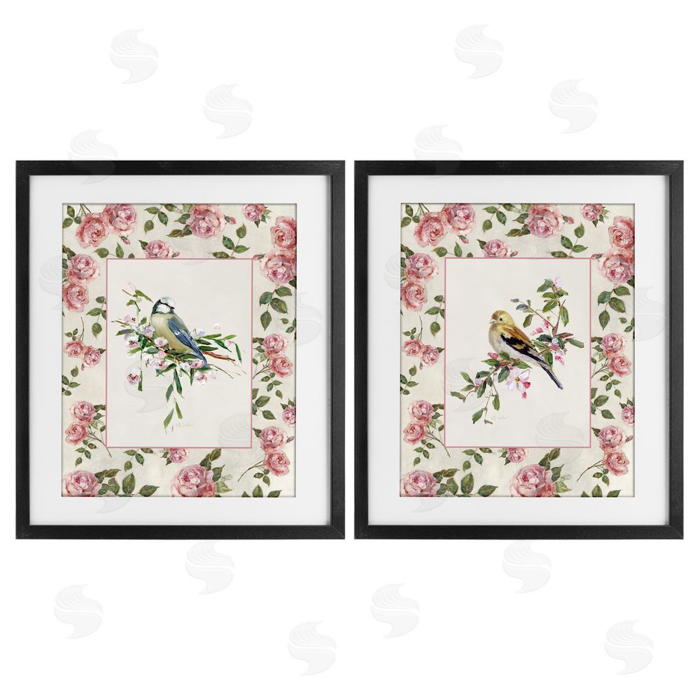 Sally Swatland Dainty Roses & Birds Black Framed Print Under Glass Wall Art