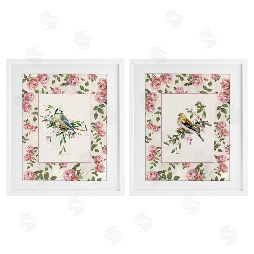 Sally Swatland Dainty Roses & Birds White Framed Print Under Glass Wall Art